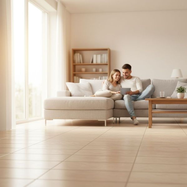 Two people relax together in a bright, clean living room with well-maintained tile floors.