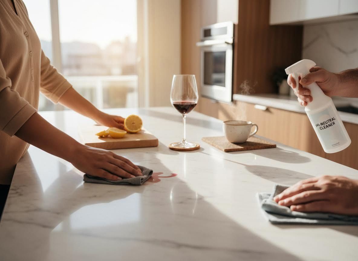 People cleaning a wine spill on a modern kitchen counter