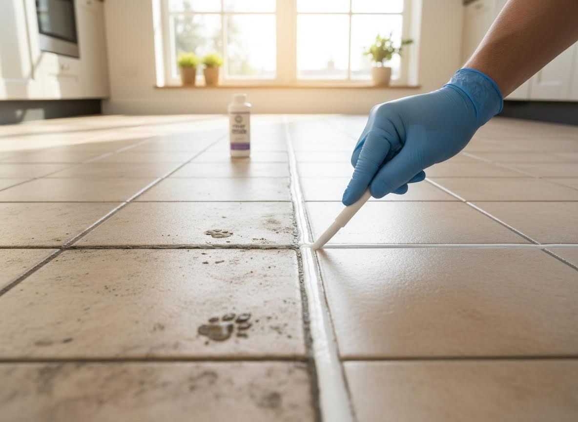 Gloved Hand Cleaning Kitchen Tile Grout