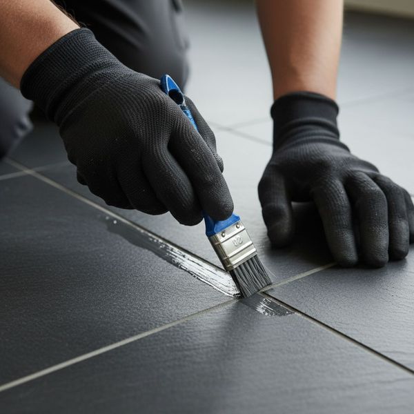 A restoration professional kneels while carefully applying a protective sealant to grout lines on a tile floor.
