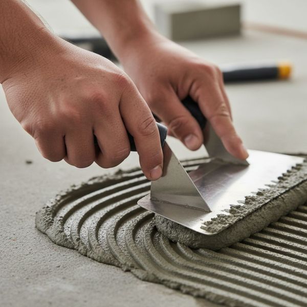 A professional installer uses a notched trowel to spread an even layer of tile mortar.