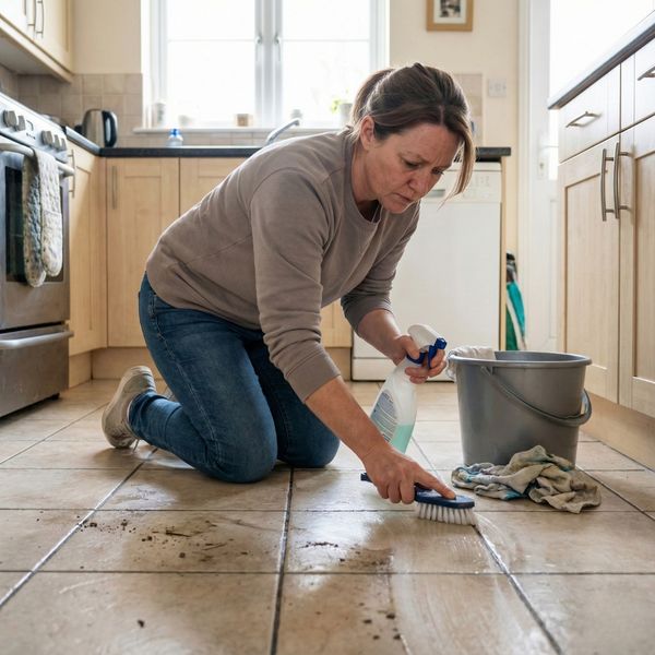 A woman kneeling on a tiled kitchen floor, manually scrubbing dirty grout lines with a small hand brush and a spray bottle.