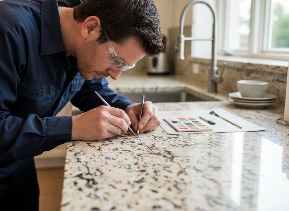 Professional repairing a granite kitchen countertop