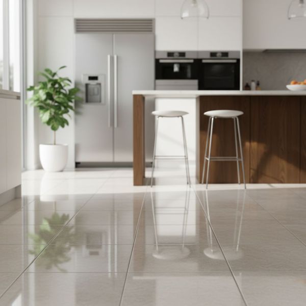 A pristine modern kitchen with sunlight streaming in, highlighting the sparkling clean tile floor.