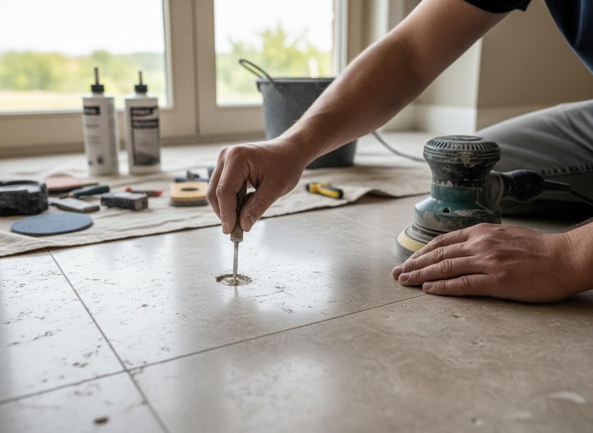 Worker repairing stone floor