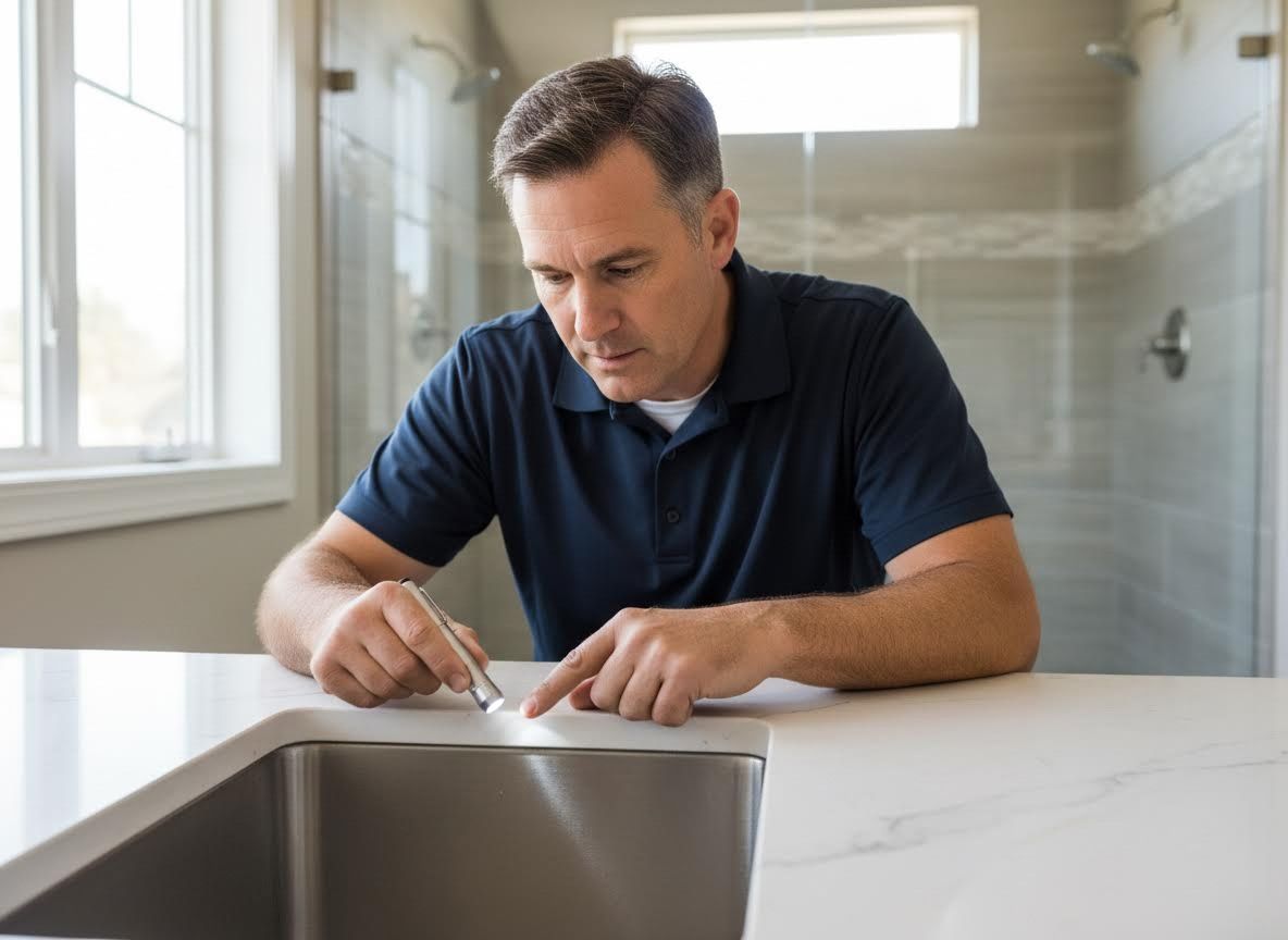 Man inspecting a white countertop with a flashlight