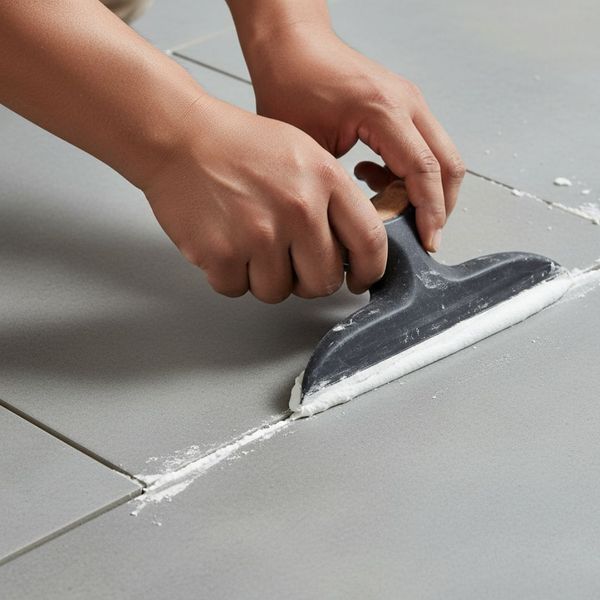 A close-up of a worker's hands applying clean white grout between gray floor tiles.