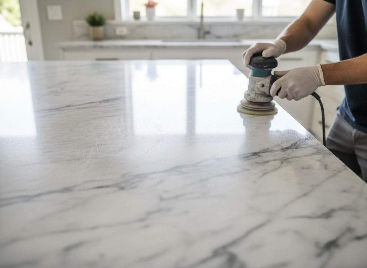 Person sanding a white marble kitchen countertop with an orbital sander