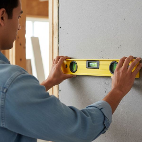 A construction worker checks the level of a prepared cement backer board before tile installation.