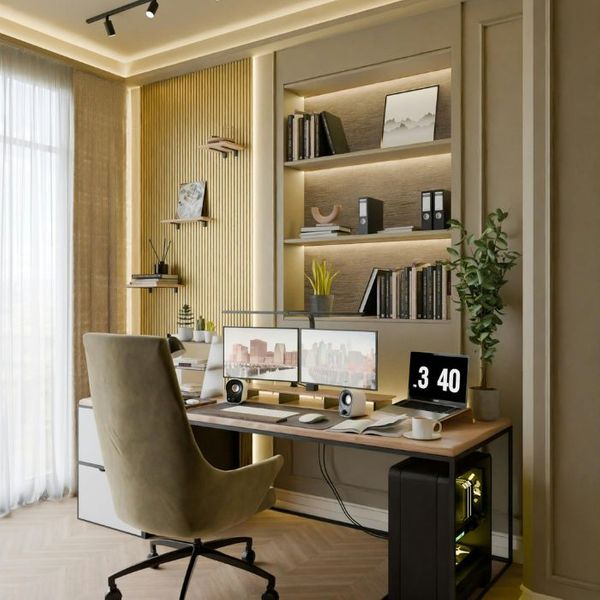 home office with multiple screens and devices