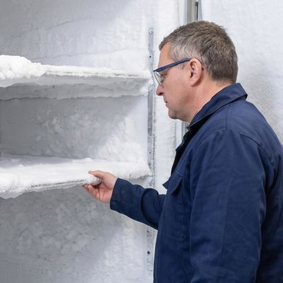 Worker inspecting frost accumulation inside a large commercial freezer.