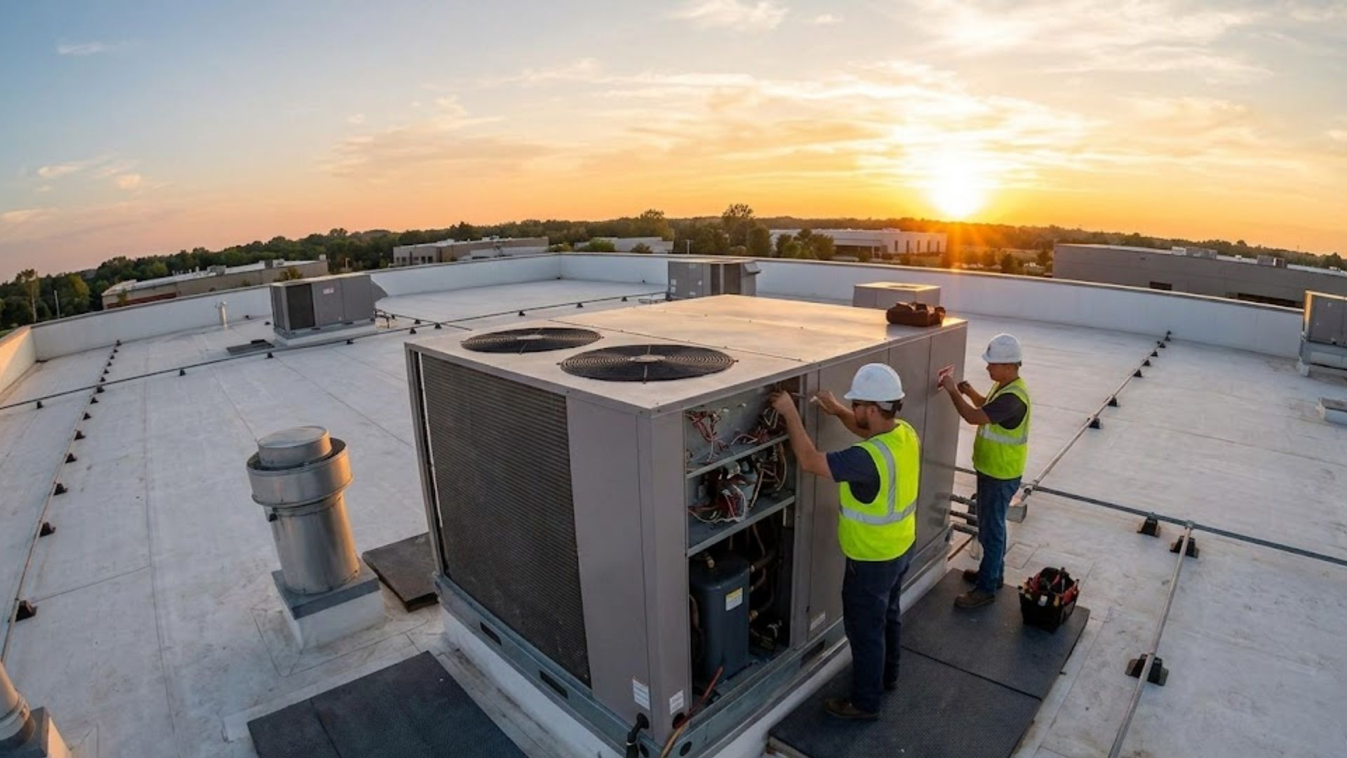 Two commercial HVAC technicians work on a large rooftop unit at sunset. Two commercial HVAC technicians work on a large rooftop unit at sunset.