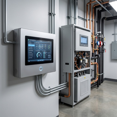 Energy-efficient commercial HVAC control interface installed in a clean commercial facility equipment room.