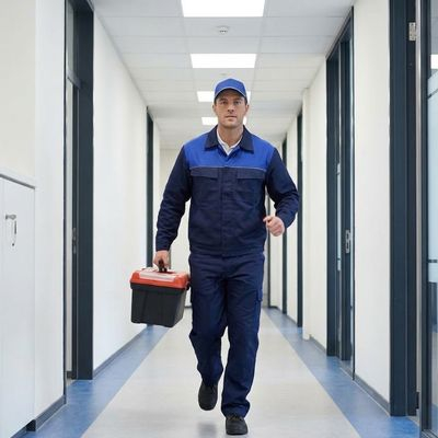 Technician rushes with tools to a repair.