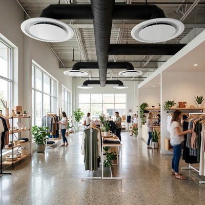 Bright and comfortable open-concept retail interior with modern commercial ventilation and climate control.