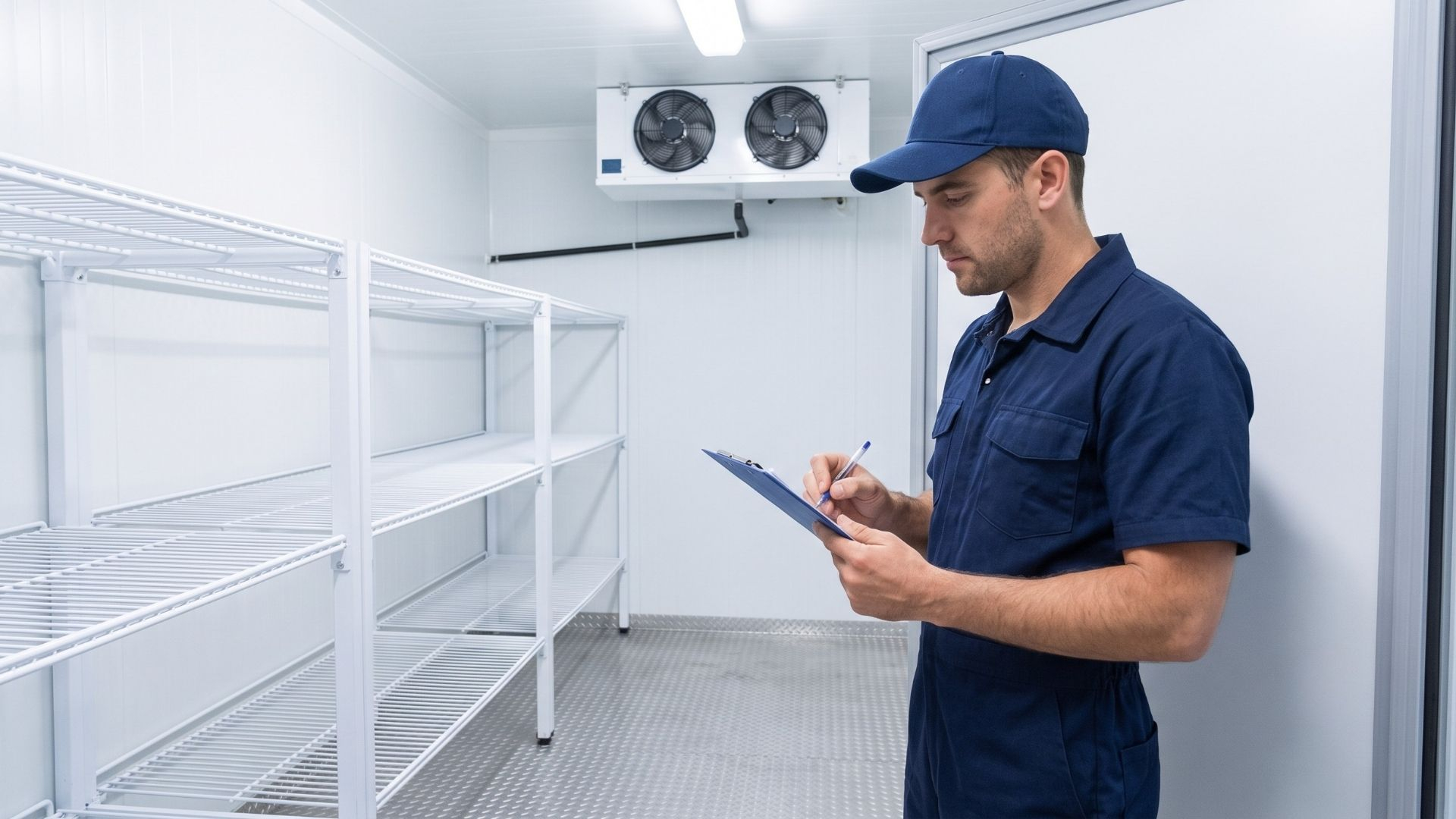 technician inside of an Empty commercial walk in refrigerator