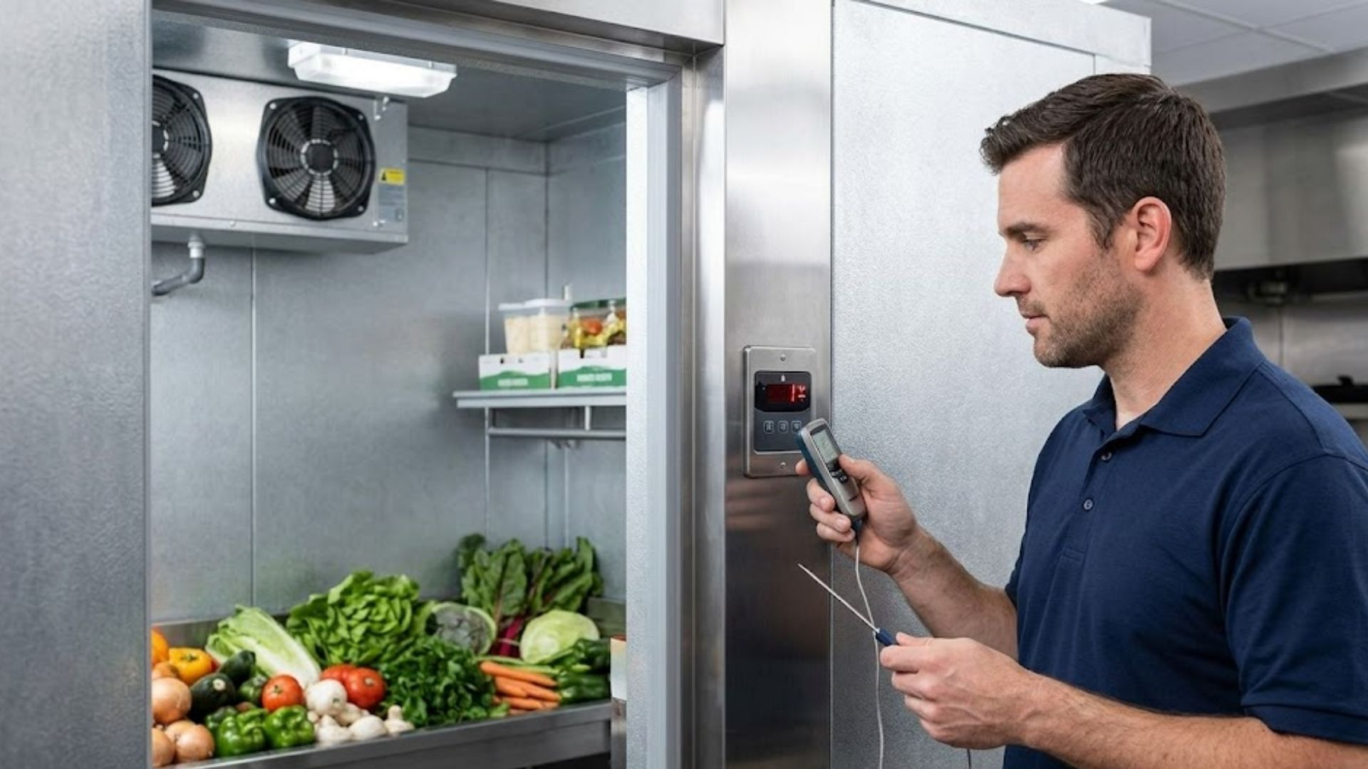 repairman outside walk-in cooler
