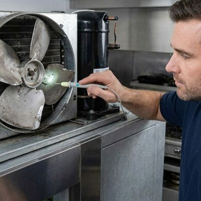 repairman looking at old fan part 