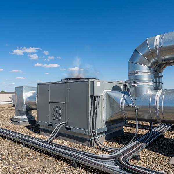 Newly installed commercial rooftop air conditioning unit operating efficiently with clean sensor connections.