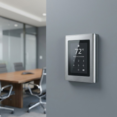 Secure tamper-proof commercial thermostat with digital lock display mounted on a conference room wall.