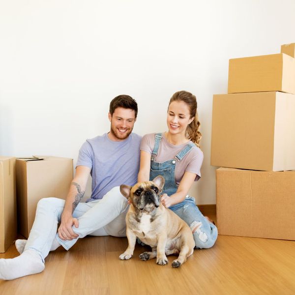 happy couple with dog and boxes