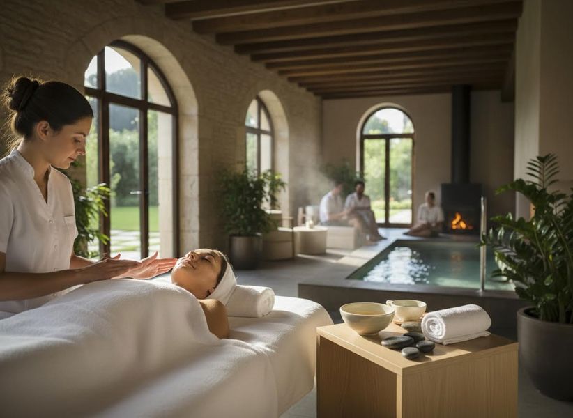 A tranquil spa scene where a woman enjoys a facial. In the background, people relax by a pool and a cozy fireplace. Woman getting a facial massage at a luxury spa