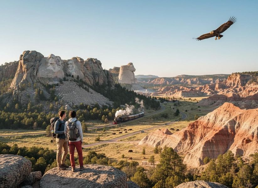 Two hikers overlook Mount Rushmore, Crazy Horse, a steam train, bison, and an eagle flying over a vast American landscape. Hikers viewing Mount Rushmore, Crazy Horse Memorial, steam train, bison, and eagle in a vast landscape