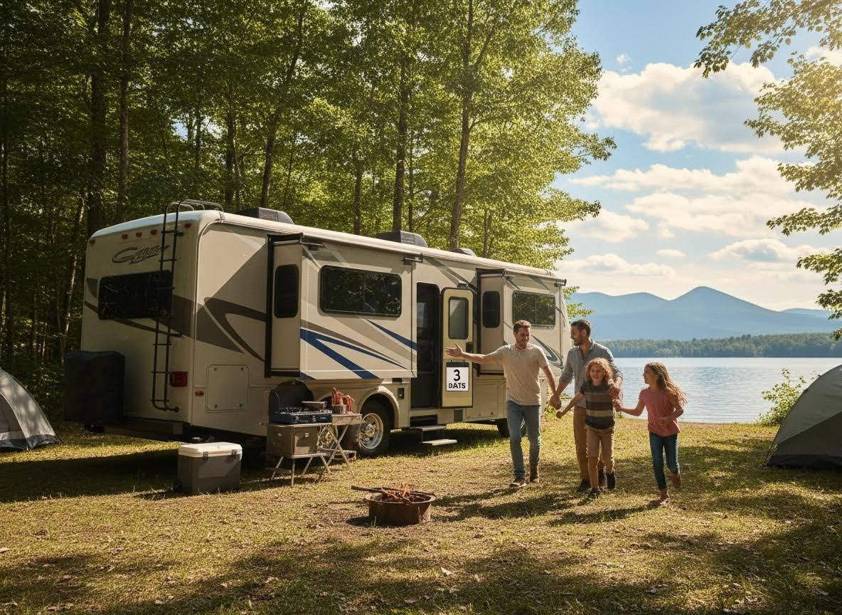 Family enjoying RV camping by a lake