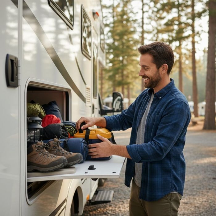 A man happily organizes camping gear into an RV storage compartment. A man happily organizes camping gear into an RV storage compartment.