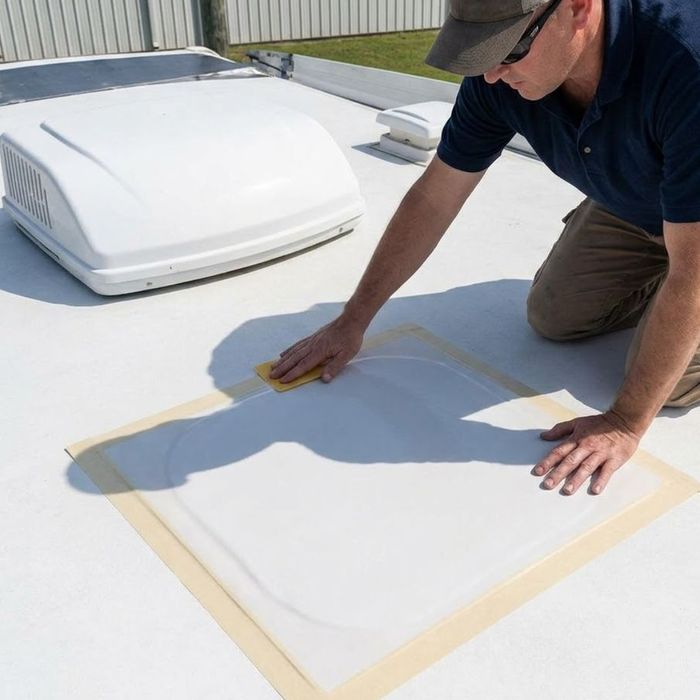 A technician smoothing a large adhesive patch onto an RV roof.