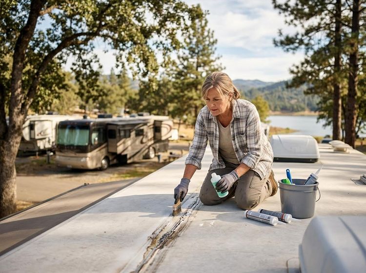 Woman performing RV roof maintenance