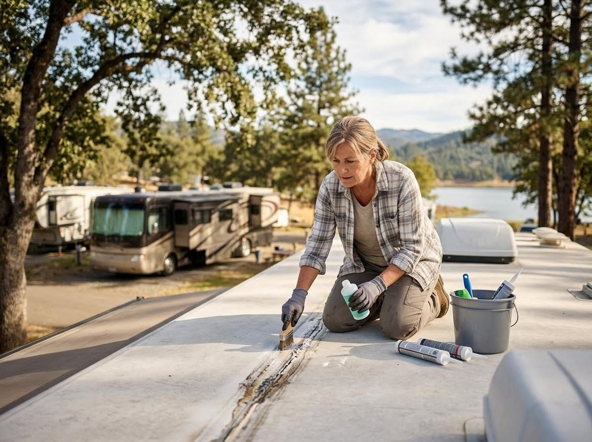 Woman performing RV roof maintenance