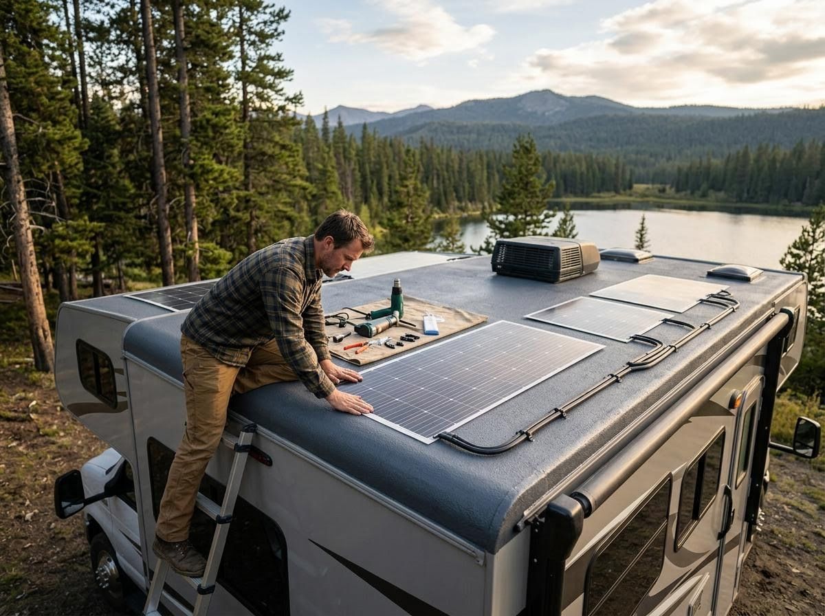 Man Installing Solar Panels on RV Roof