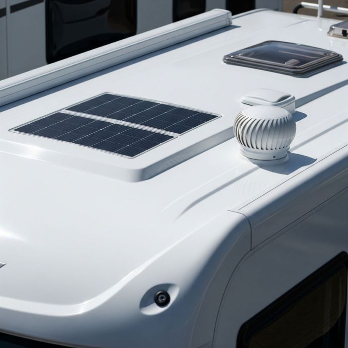 Close-up shot of RV roof surface with smooth, bright white coating