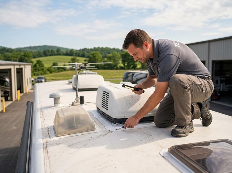 A technician kneels on an RV roof, using a flashlight and tool to inspect the sealing around an AC unit. Hills and service buildings are visible. RV Technician Inspecting Roof Sealant
