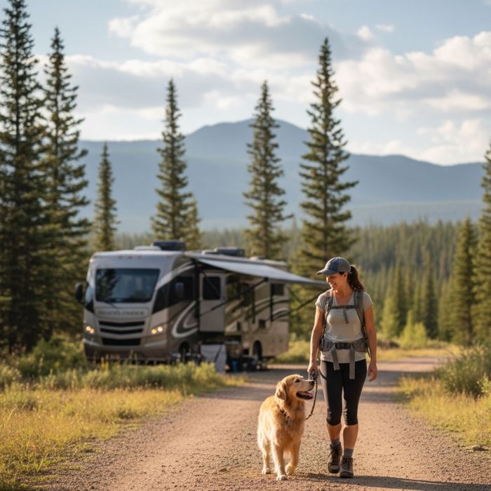 A woman with a backpack walks her golden retriever on a dirt road near an RV. A woman with a backpack walks her golden retriever on a dirt road near an RV.