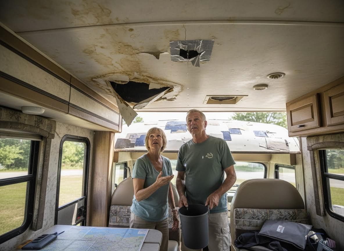 Couple in damaged RV with leaking ceiling
