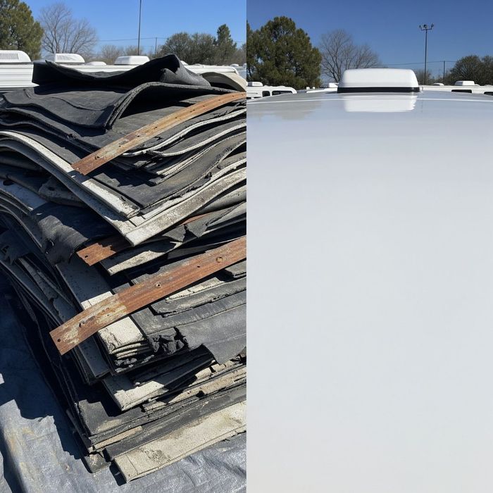 Before-and-after concept showing old, damaged RV roof materials piled for disposal versus a fresh, durable FlexArmor roof in pristine condition