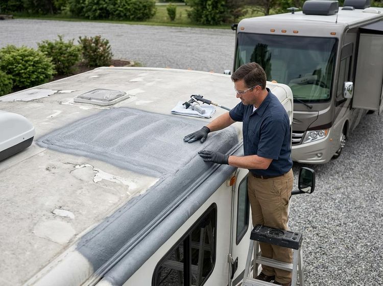 A man wearing safety glasses and gloves uses his hands to spread a gray sealant on the roof of a white RV, standing on a ladder. Another RV is in the background. Man Sealing RV Roof