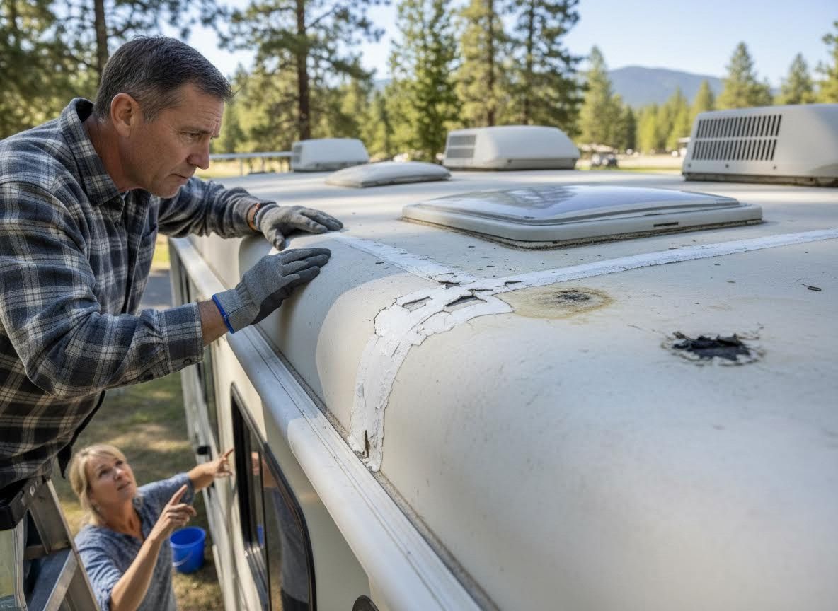 Man and woman inspecting damaged RV roof for repairs