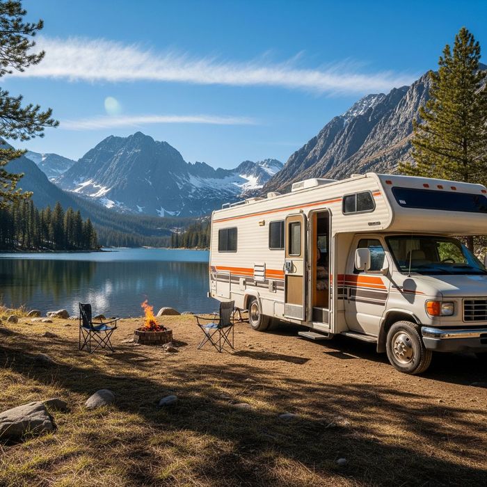 An RV parked near a lake, with mountains in the background, a campfire nearby, and clear skies