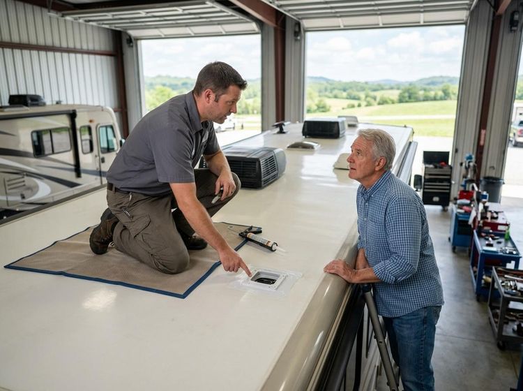 A technician points to an RV roof vent, explaining repairs to a customer standing on a ladder next to the vehicle. RV Roof Maintenance Consultation