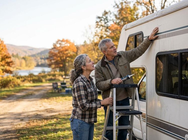 Couple Repairing RV in Autumn