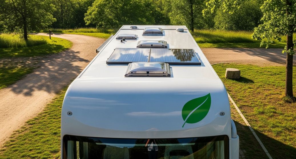 A pristine white RV with a FlexArmor roof parked in a lush, green natural landscape with a clear blue sky.