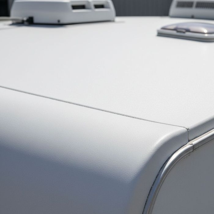 Close-up of a smooth, seamless FlexArmor RV roof, highlighting its durability.