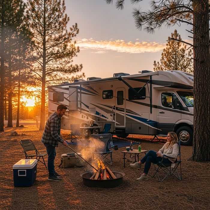 an RV at a camping site with people by a fire