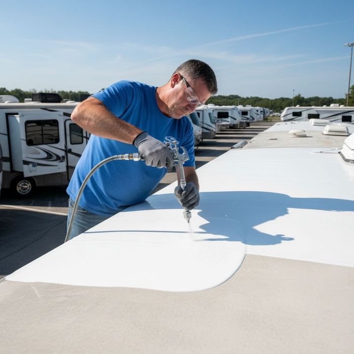 A Tennessee RV Flexarmor technician applying a FlexArmor coating with a spray gun, focused on precise application.