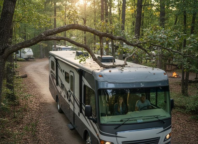 Couple Driving RV Through Forest Campground