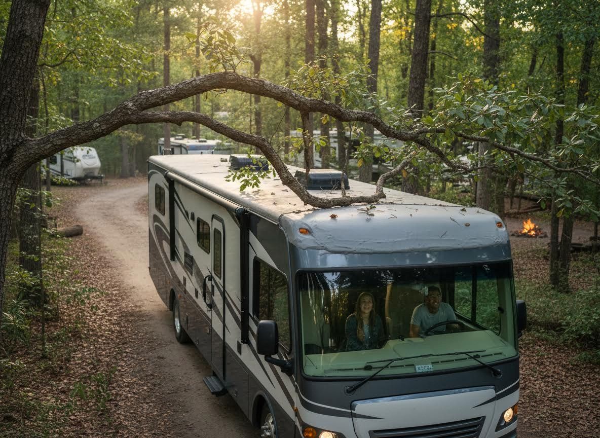 Couple Driving RV Through Forest Campground