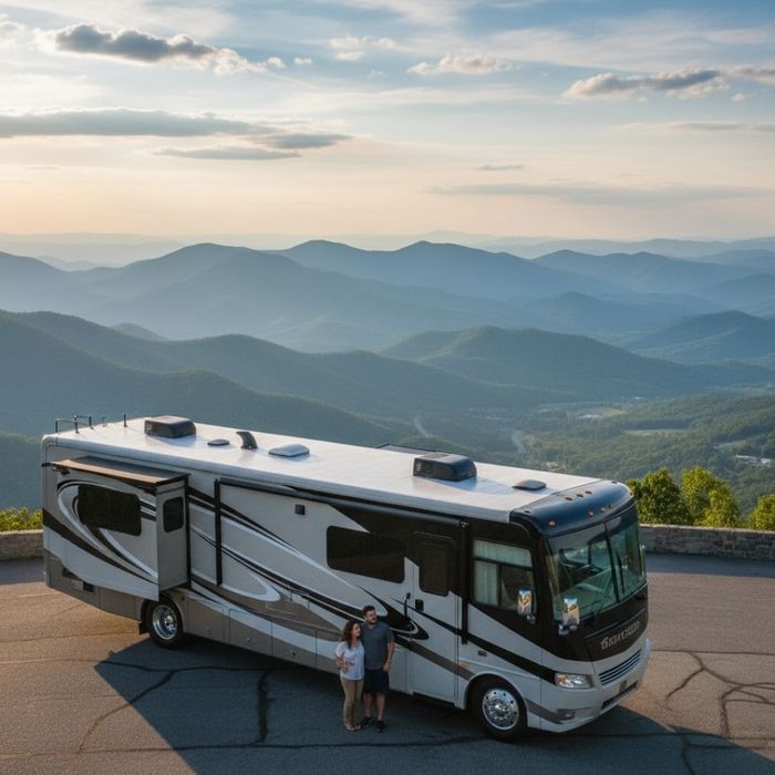 An RV is parked on a scenic overlook with a couple standing beside it, gazing at distant mountains under a dramatic sky.
